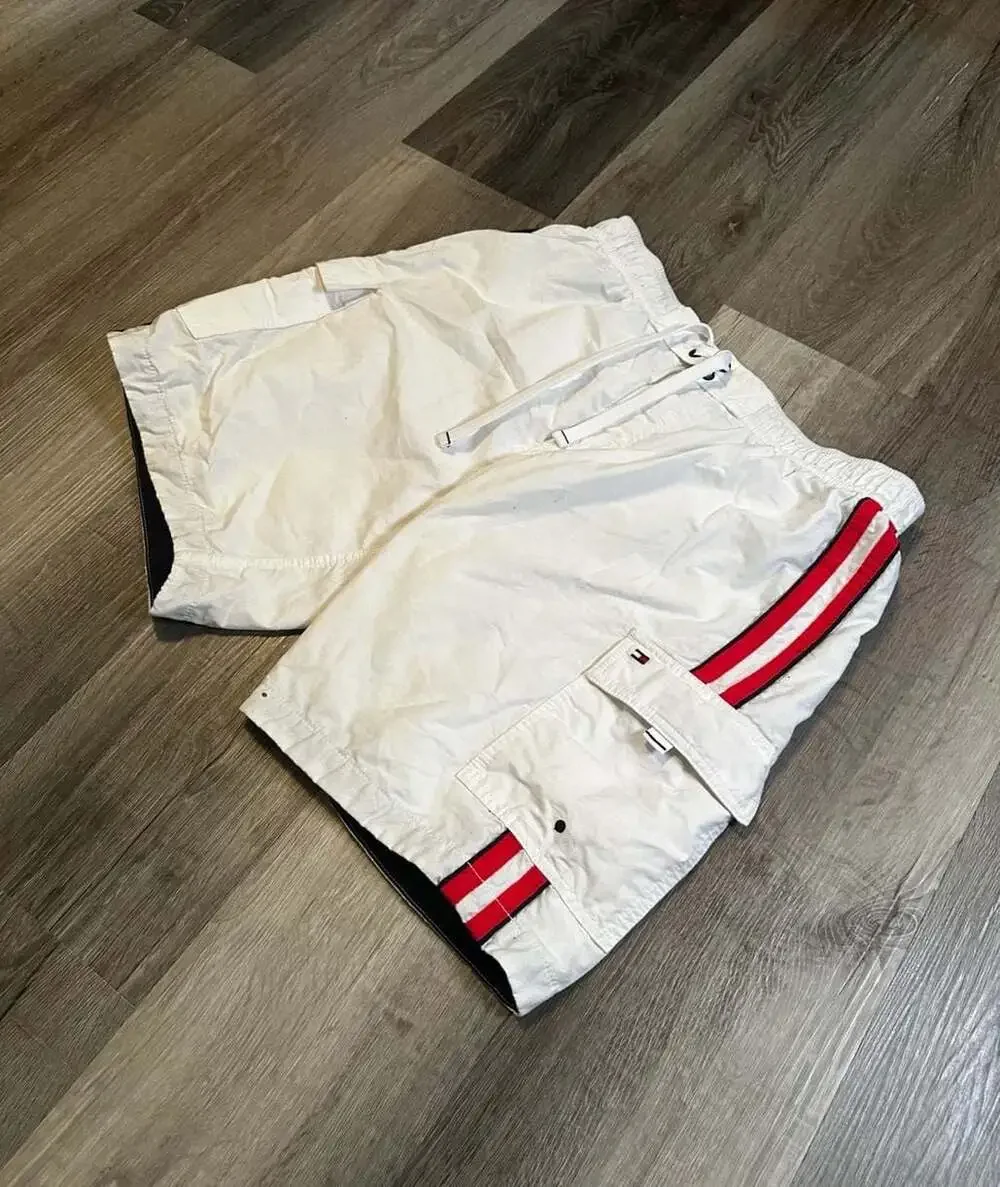 Tommy Hilfiger Men's White Cargo Swim Trunks with Red and Navy Side Stripe